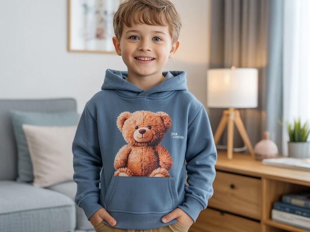 chłopiec w bluzie z misiem