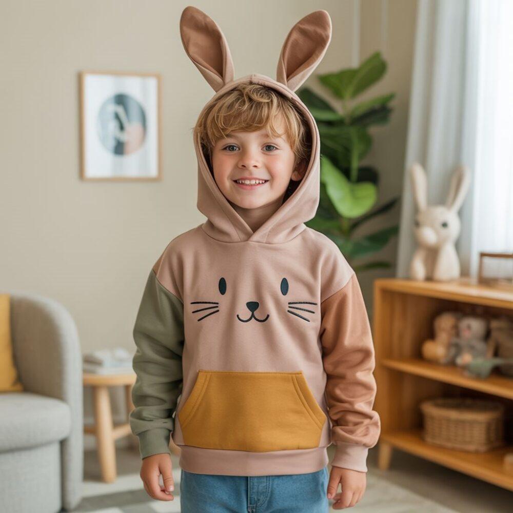 chłopiec w bluzie z uszami królika