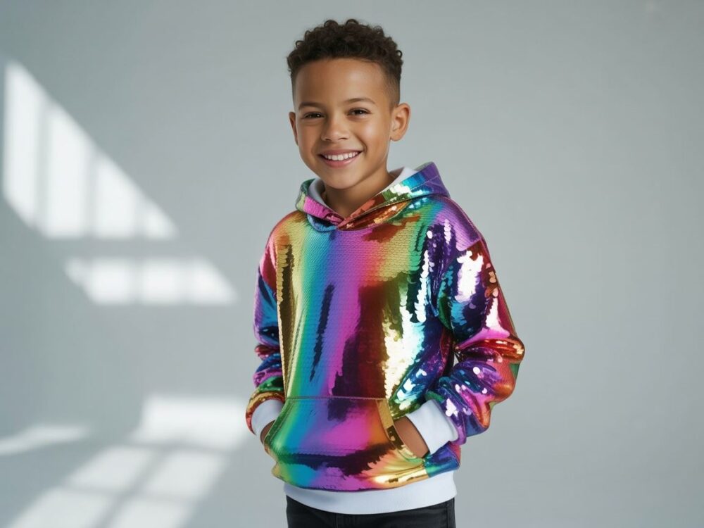 chłopiec w błyszczącej bluzie
