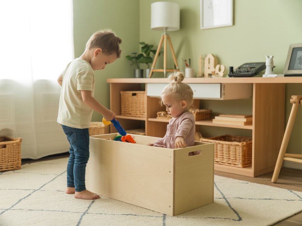 drewniana skrzynka na zabawki