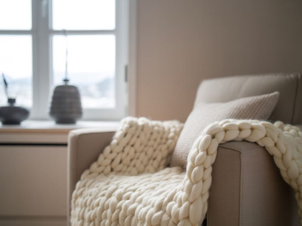 kocyk pleciony na fotelu