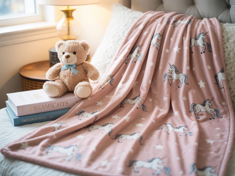pastelowy koc z motywem jednorożca
