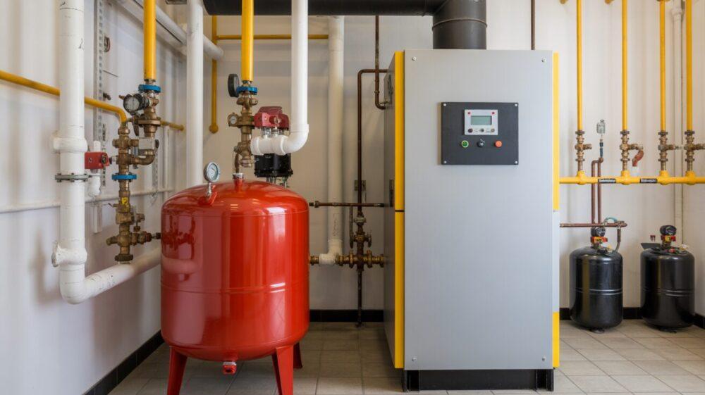 Kotłownia przemysłowa z nowoczesnym kotłem i zbiornikiem